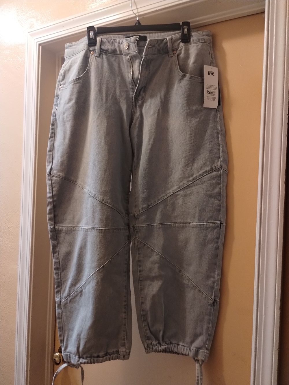 Light Wash Women's Mid Rise Barrel Jeans with Drawstring Hem